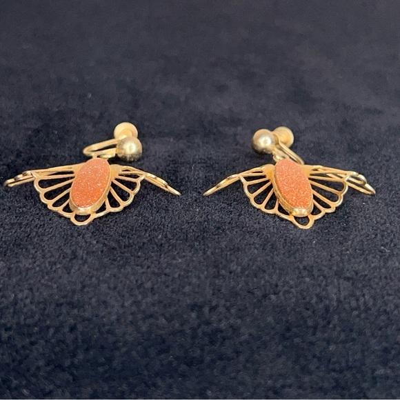 Vintage Gold Sunstone Clip On Earrings Screw Back Style Gift Retro Boho Glam - Picture 3 of 10